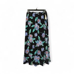 Vintage 80’s/90s Black Maxi Skirt with Blue and Green Floral Pattern Small